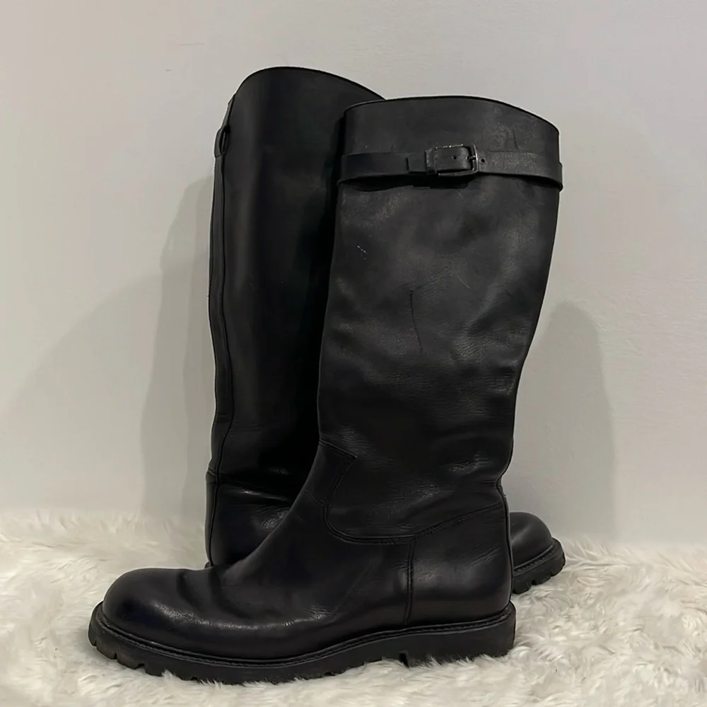Sergio Rossi Tall Black Leather Zipper Pull On Boots Men Made in Italy Size 10